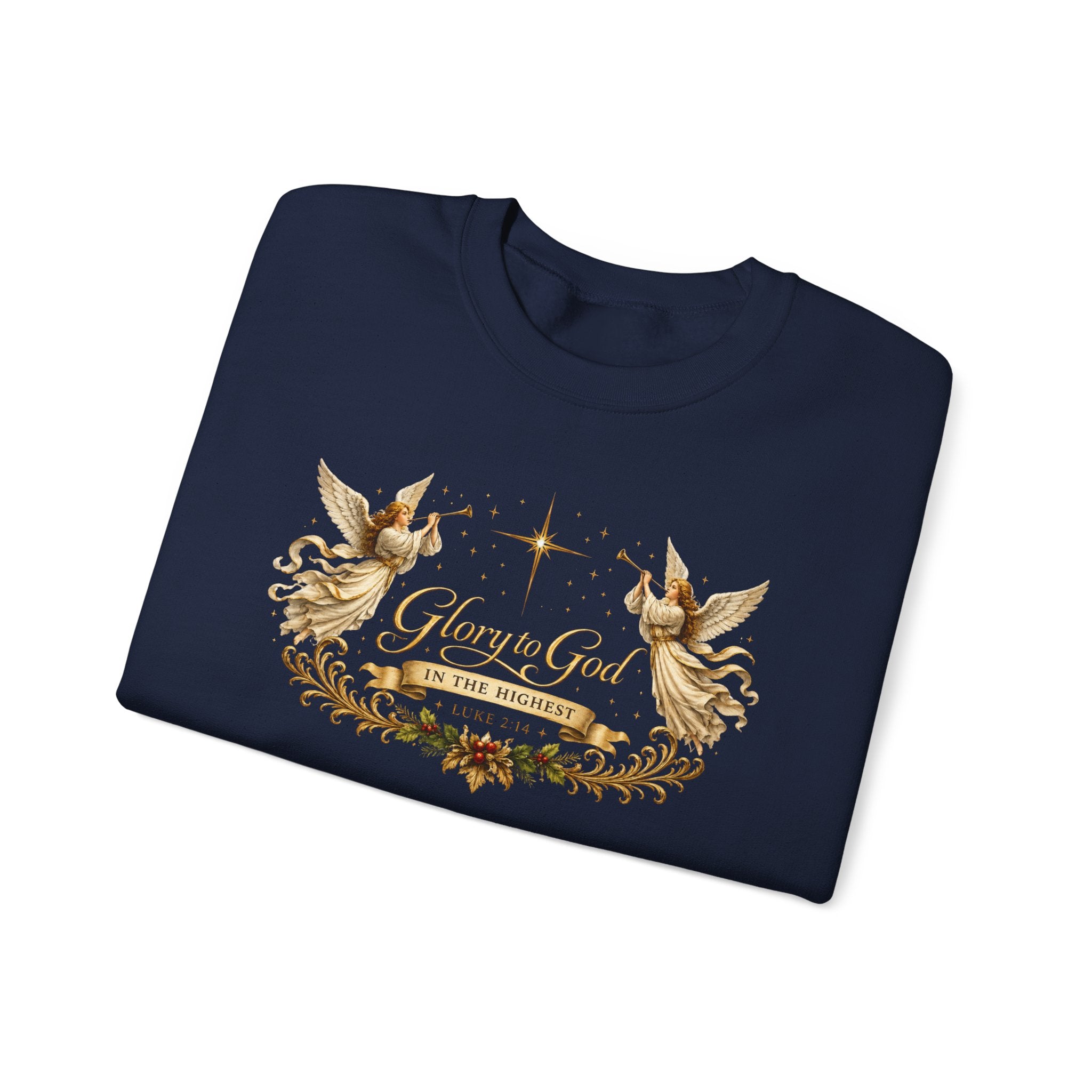 Glory to God Crewneck Sweatshirt — Angel Wings & Star Christian Holiday Pullover