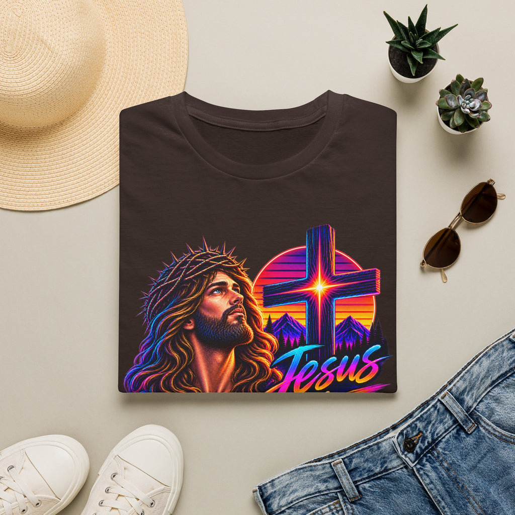 Jesus Is King T‑Shirt — Retro Neon Cross & Christ Portrait