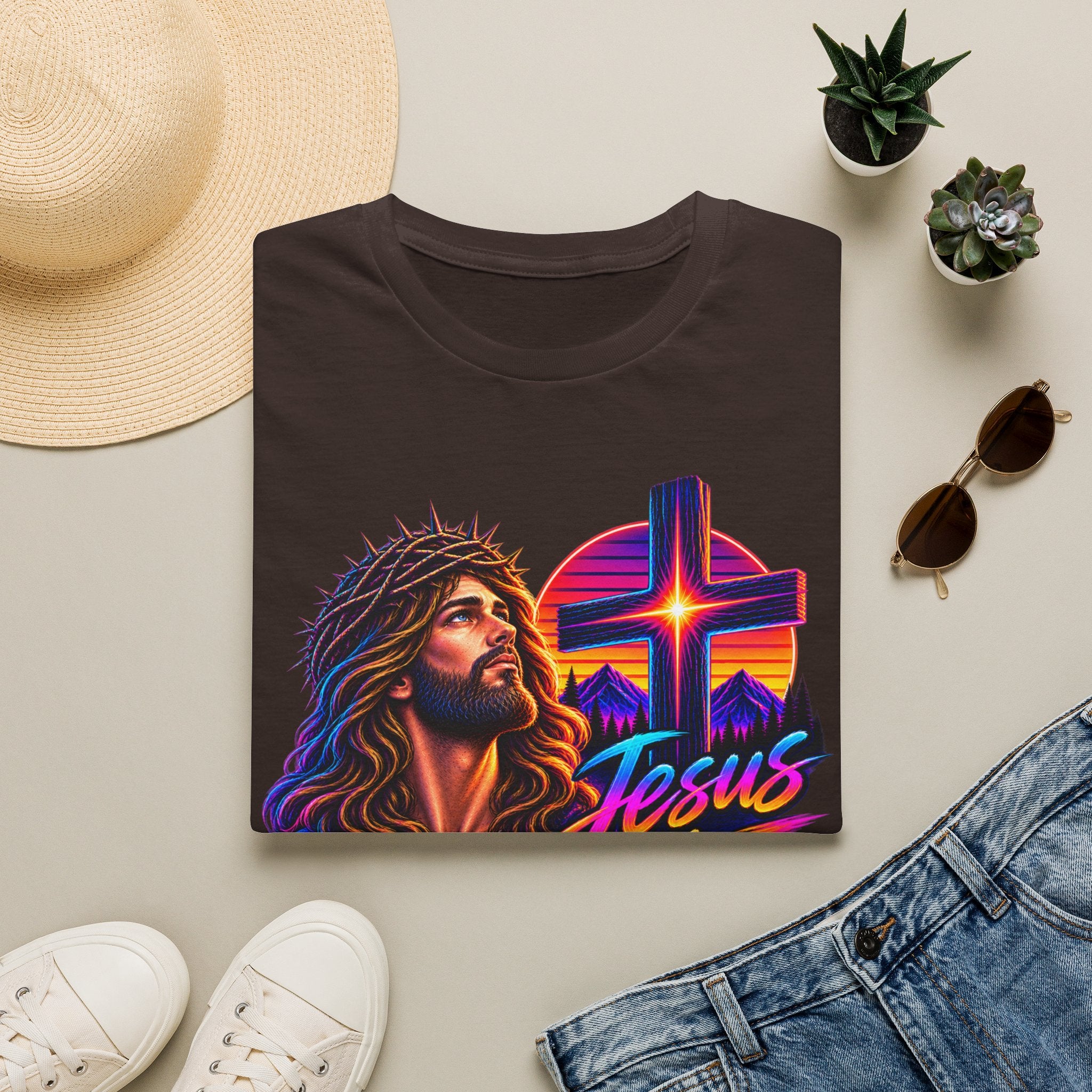 Jesus Is King T‑Shirt — Retro Neon Cross & Christ Portrait
