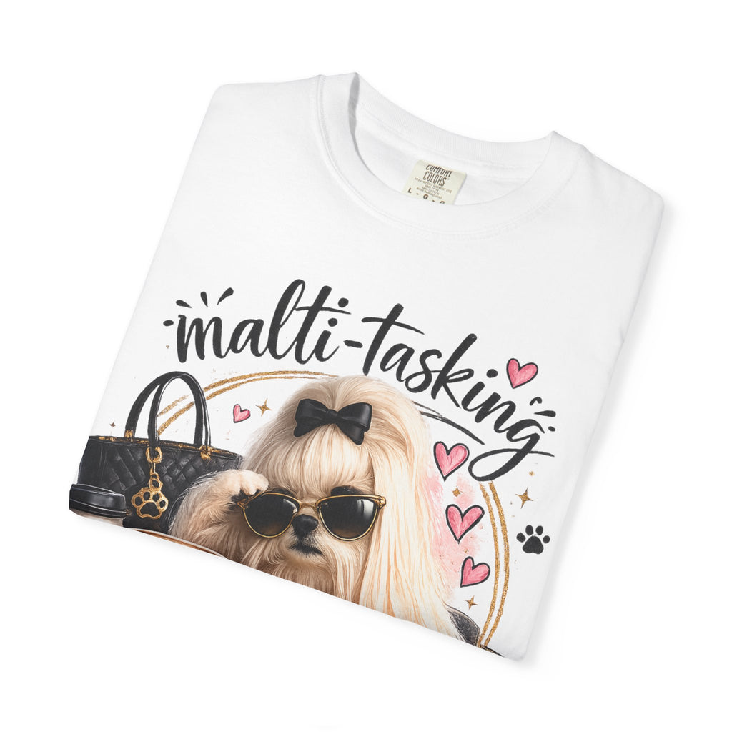 Multi-Tasking Mom T-Shirt – Cute Maltese Dog with Coffee & Handbag Graphic