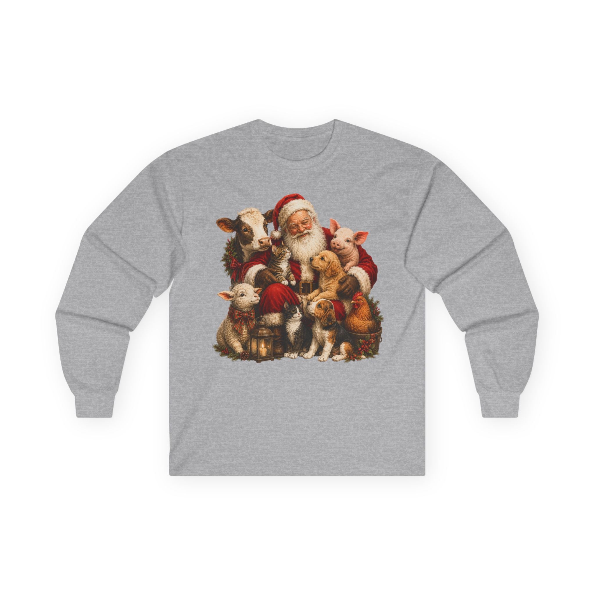 Christmas Santa with farm animals Long Sleeve Tee — Vintage Holiday Animal Shirt