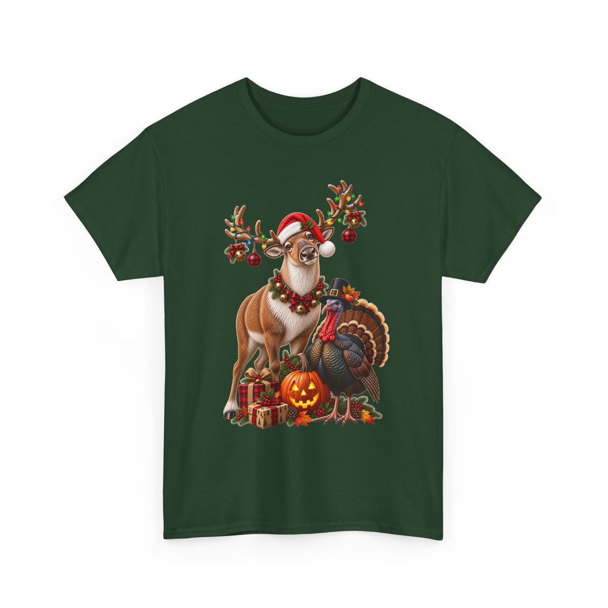 Holiday Mashup Tee — Reindeer with Turkey, Santa Hat & Jack-O’-Lantern