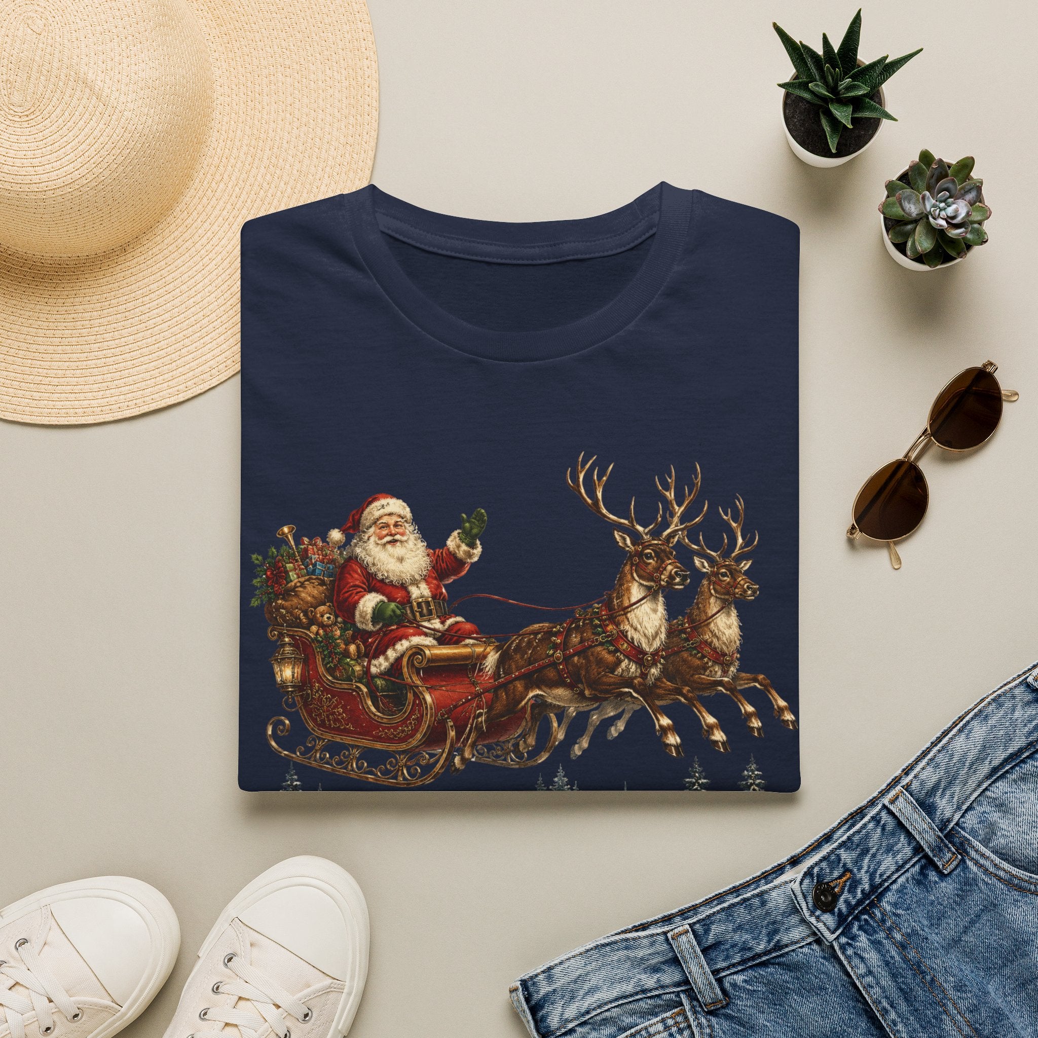 Santa Sleigh T-Shirt — Vintage Christmas Reindeer Holiday Tee