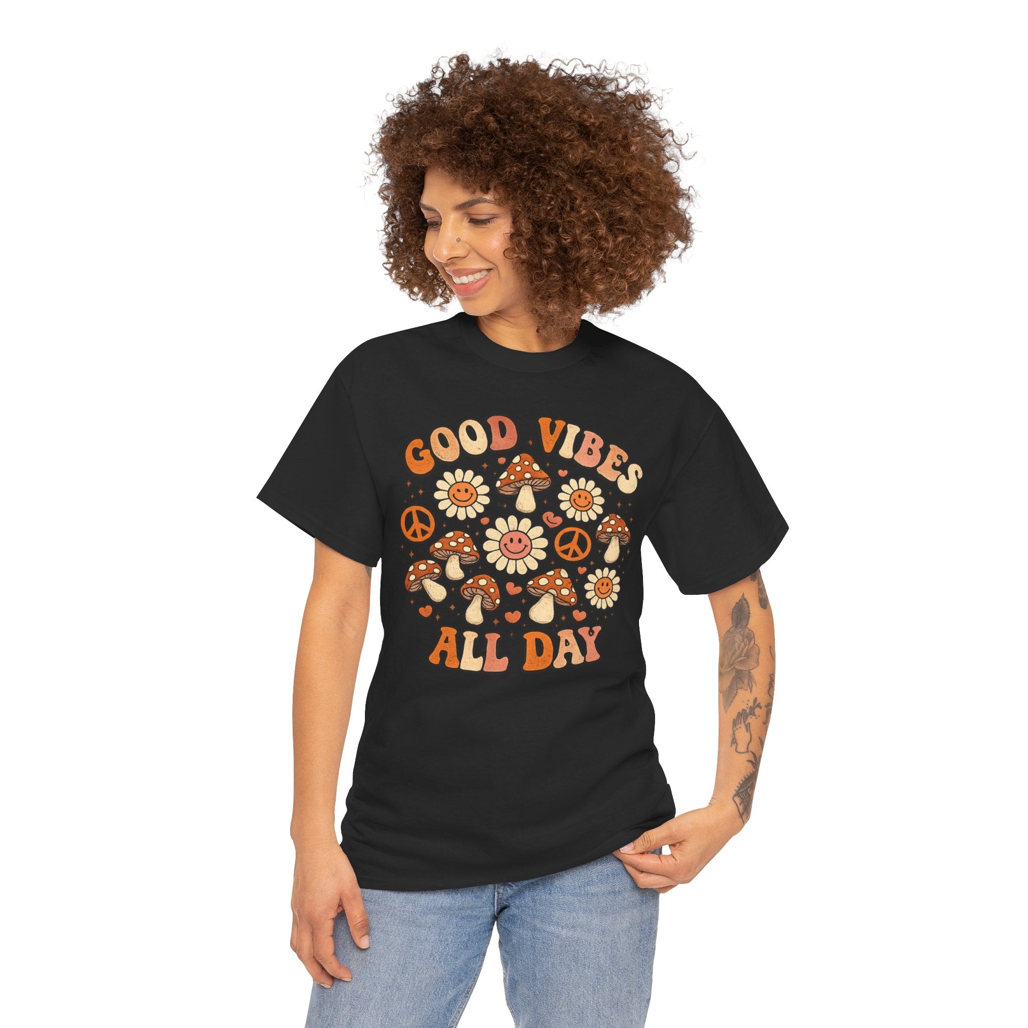 Boho-Good Vibes All Day T-Shirt — Retro Mushroom & Daisy Graphic Tee