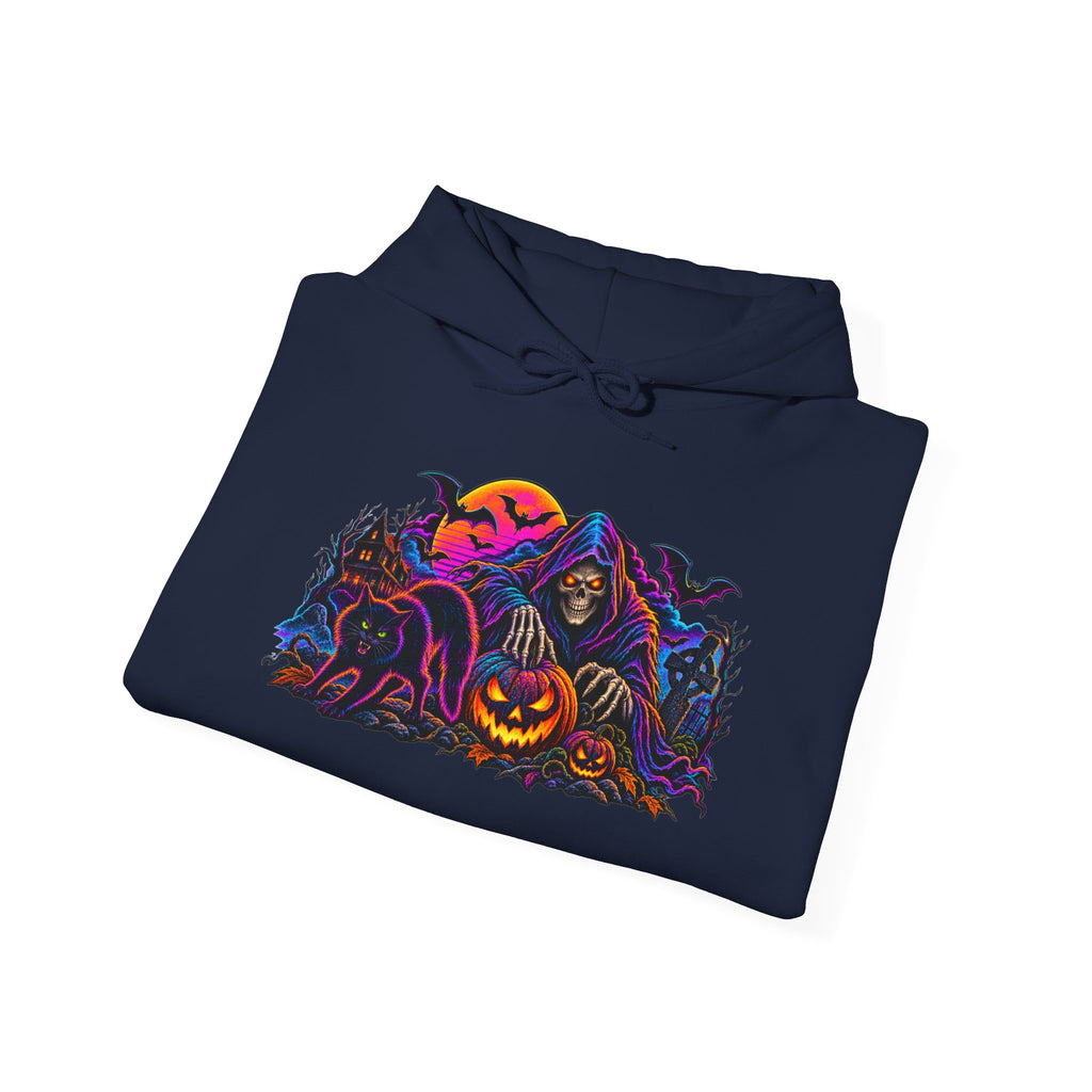 Halloween Horror Hoodie - Neon Jack-O'-Lantern & Ghosts Graphic Sweatshirt