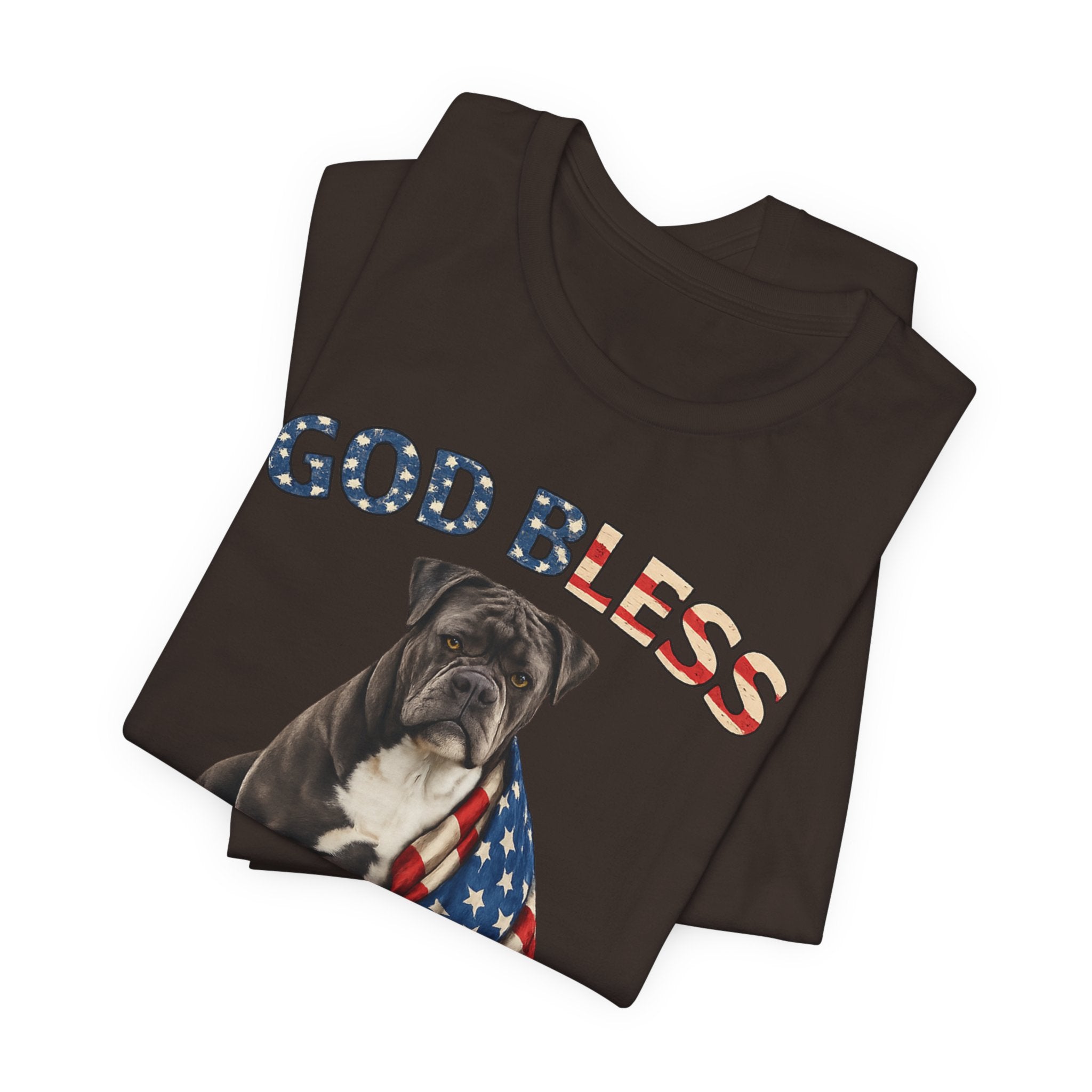 Patriotic Bulldog Tee – "God Bless America" USA Flag Dog T-Shirt