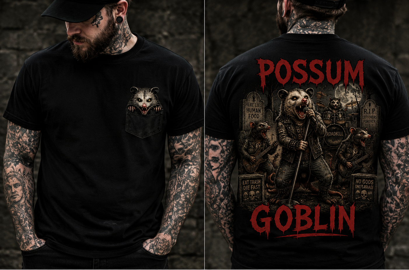 Possum Goblin T-Shirt — Horror Pocket Tee with Back Graphic