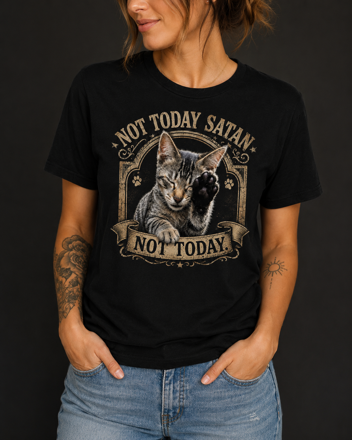 Not Today Satan Cat Tee — Funny Gothic Cat T‑Shirt with 'Not Today' Slogan