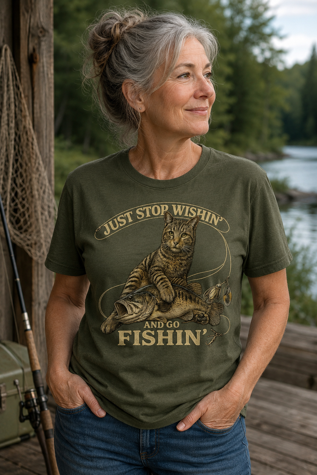 Fishing Cat T-Shirt — "Just Stop Wishin' And Fishin'" Graphic Tee