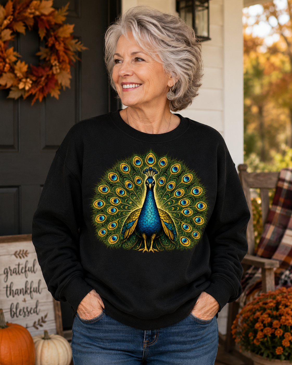 Peacock Pride Crewneck Sweatshirt — Vintage Peacock Feather Graphic