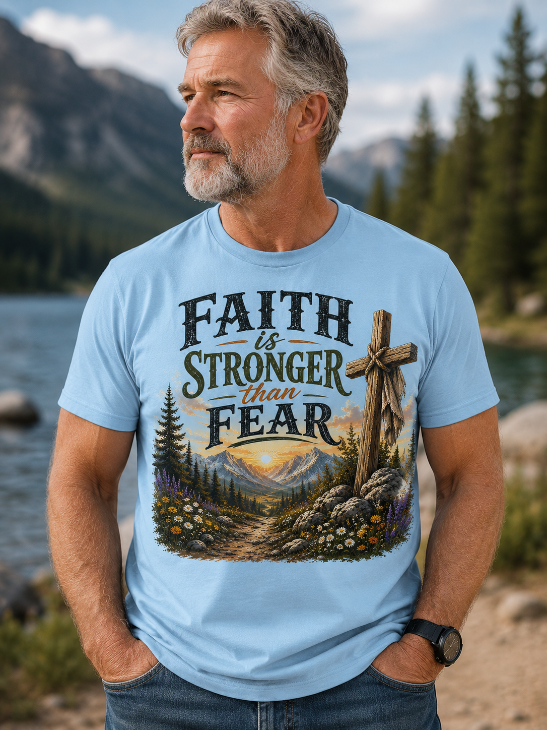 Faith Is Stronger Than Fear T-Shirt — Christian Cross Mountain Graphic Tee