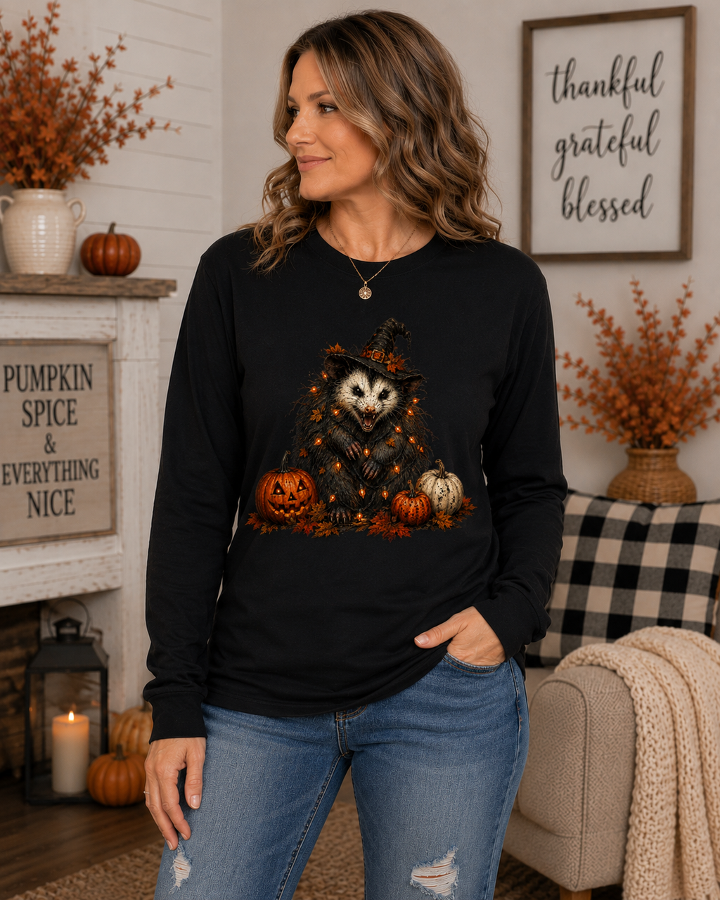Halloween Possum Pumpkin Long Sleeve Tee