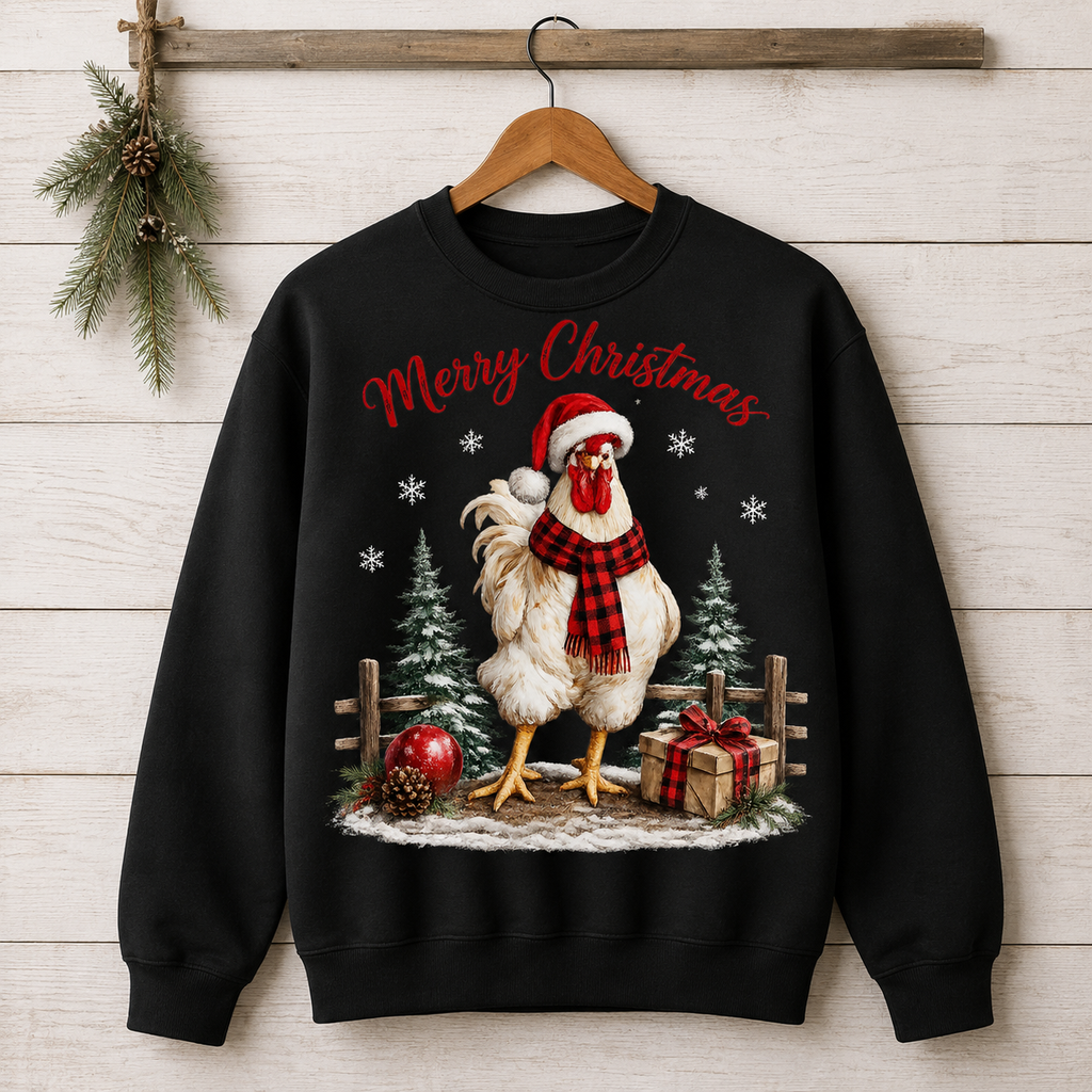 Christmas Rooster Sweatshirt - 'Merry Christmas' Festive Holiday Crewneck