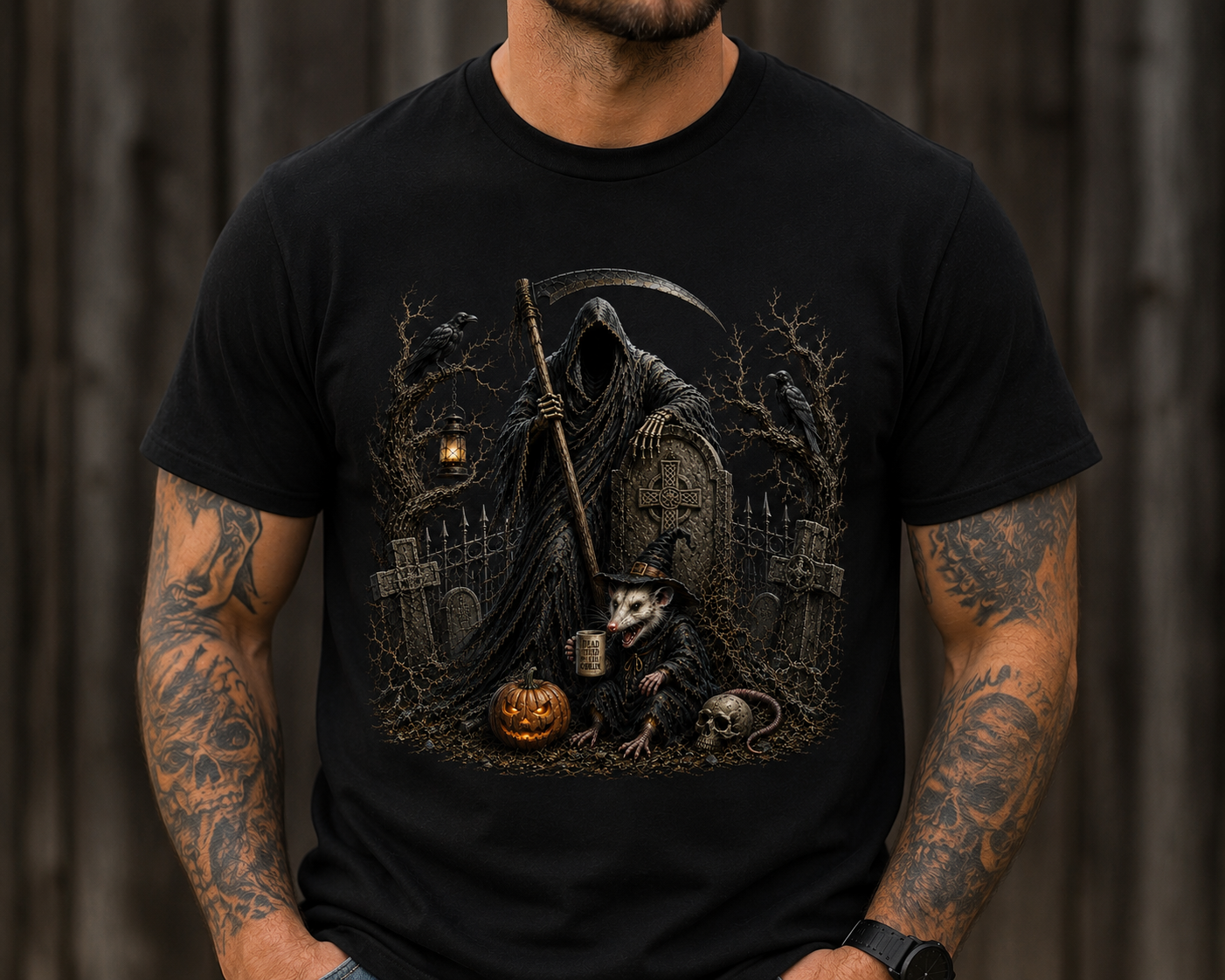 Grim Reaper Cemetery T-Shirt — Gothic Halloween Scythe Design