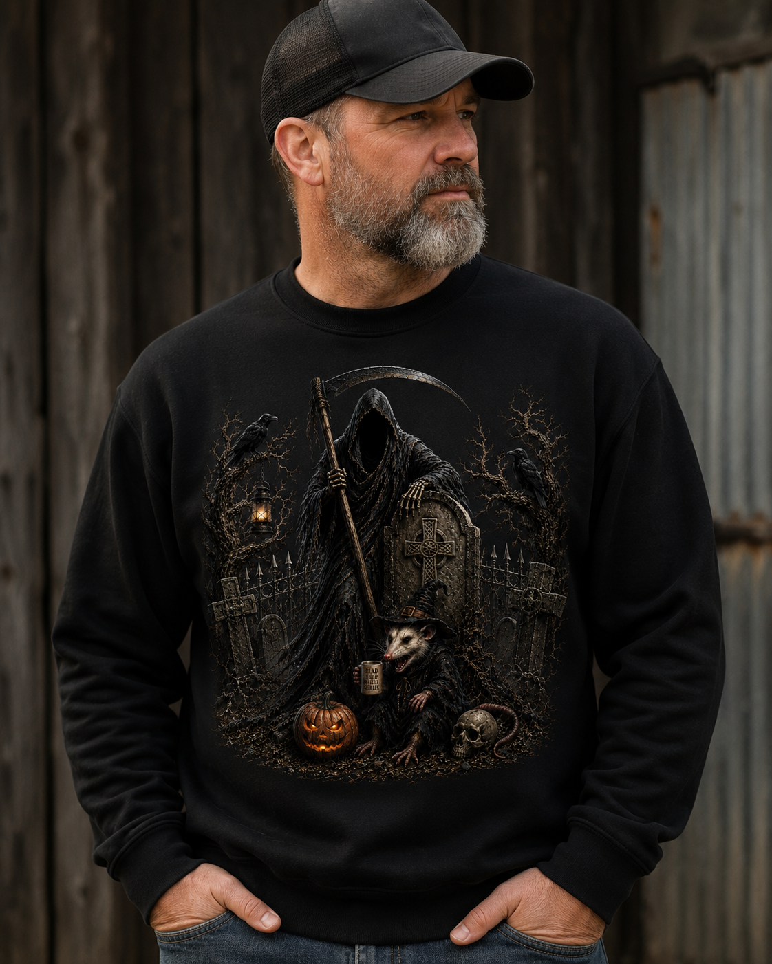 Grim Reaper Halloween Sweatshirt - Spooky Pumpkin & Owl Crewneck