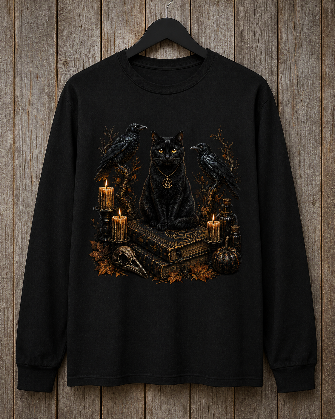 Witchy Black Cat Sweatshirt — Gothic Candle & Raven Halloween Crewneck