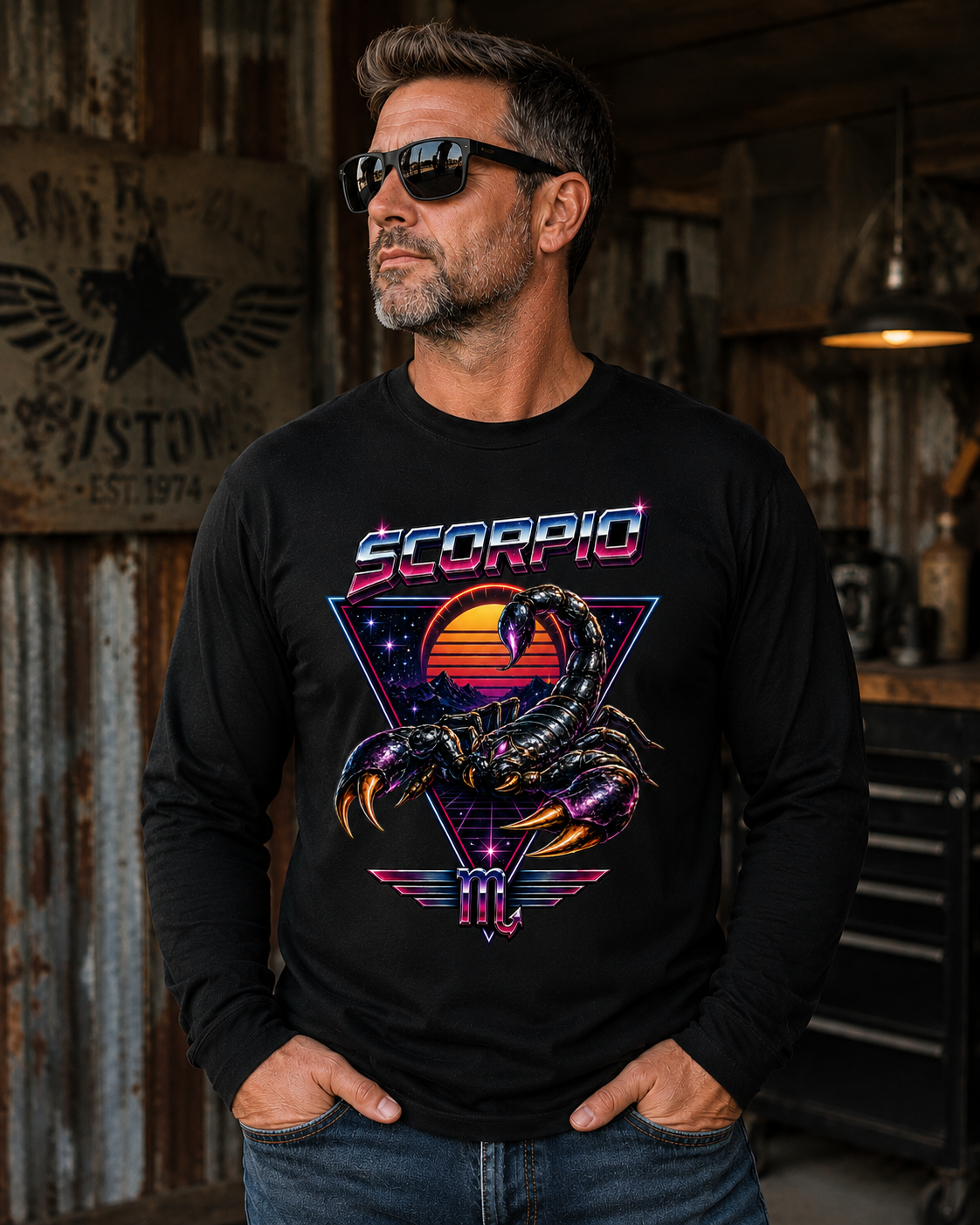 Scorpio Retro Sunset Long Sleeve Tee — Vintage 80s Scorpion Zodiac Shirt