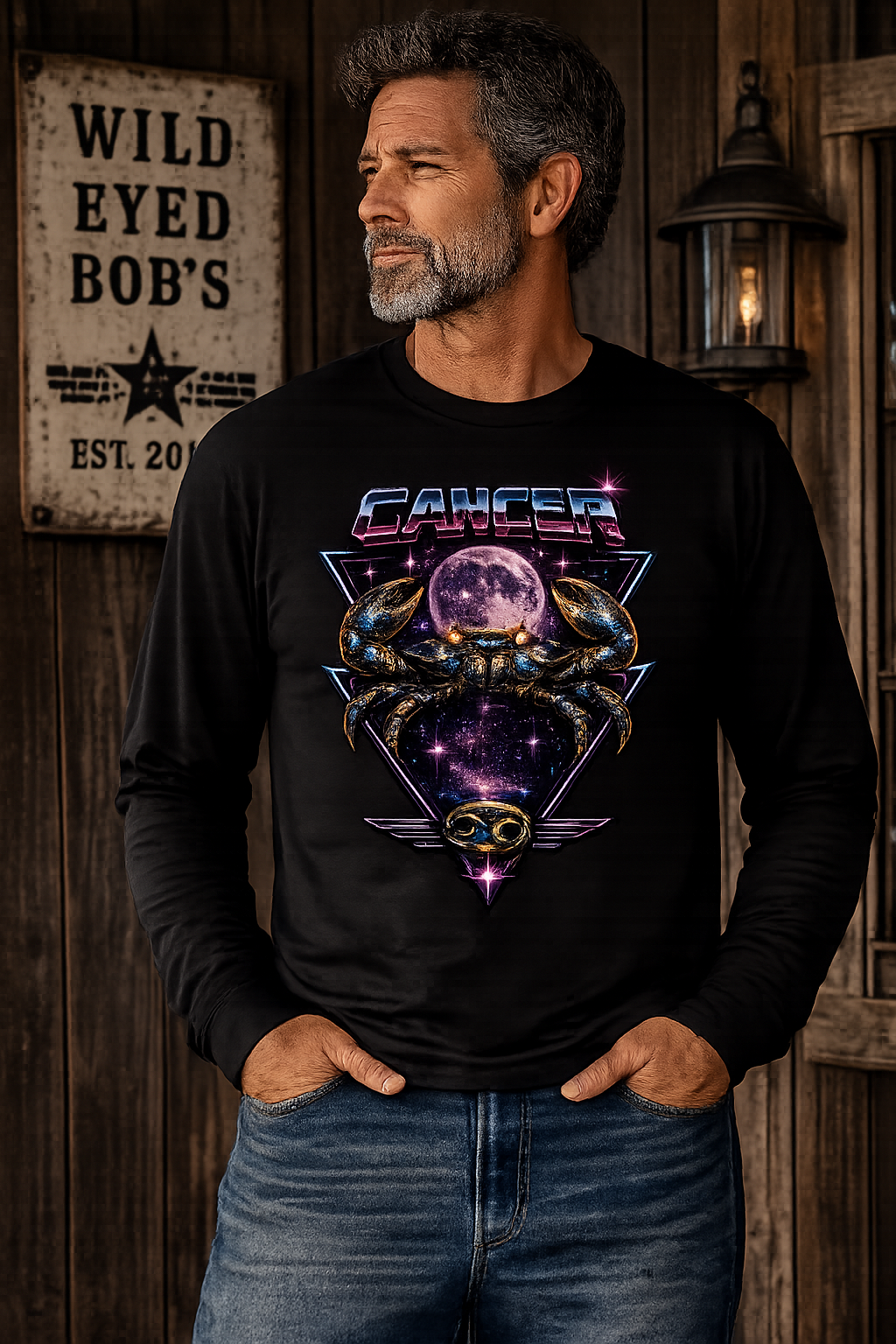 Cosmic Cancer Zodiac Crab Long Sleeve Tee — Retro Space Graphic "Cancer" Zodiac Shirt
