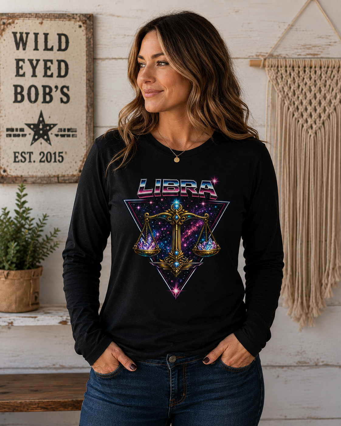 Libra Zodiac Scales Long Sleeve Tee — Retro Cosmic Astrology Shirt