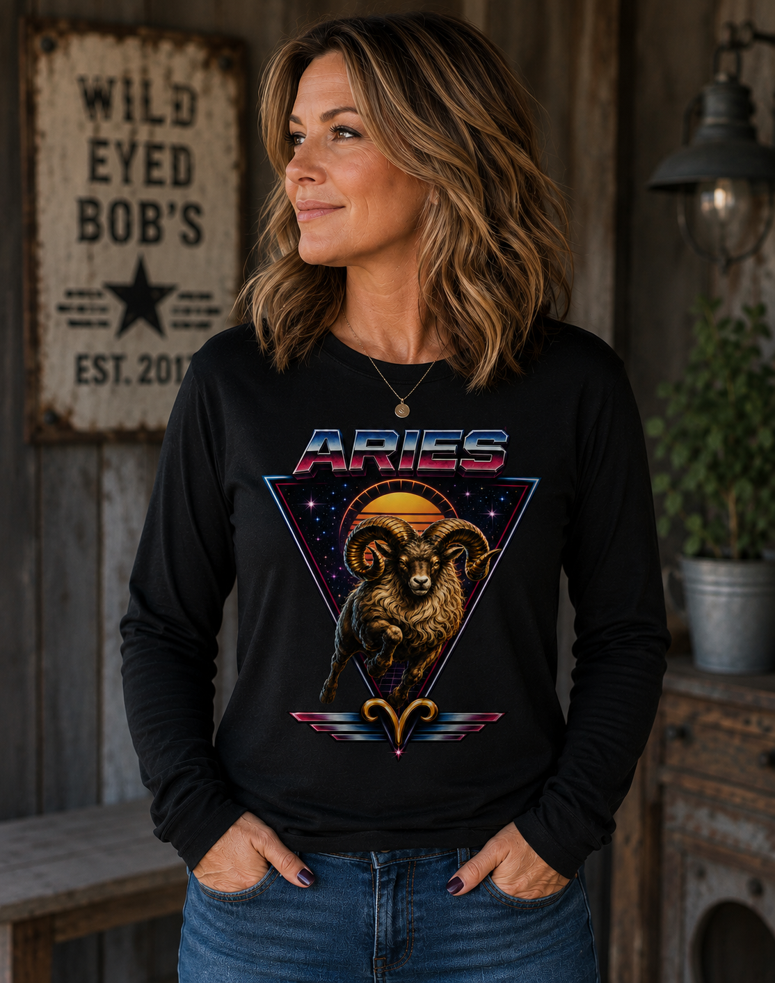 Aries 80s style Zodiac Retro Ram Long Sleeve Tee