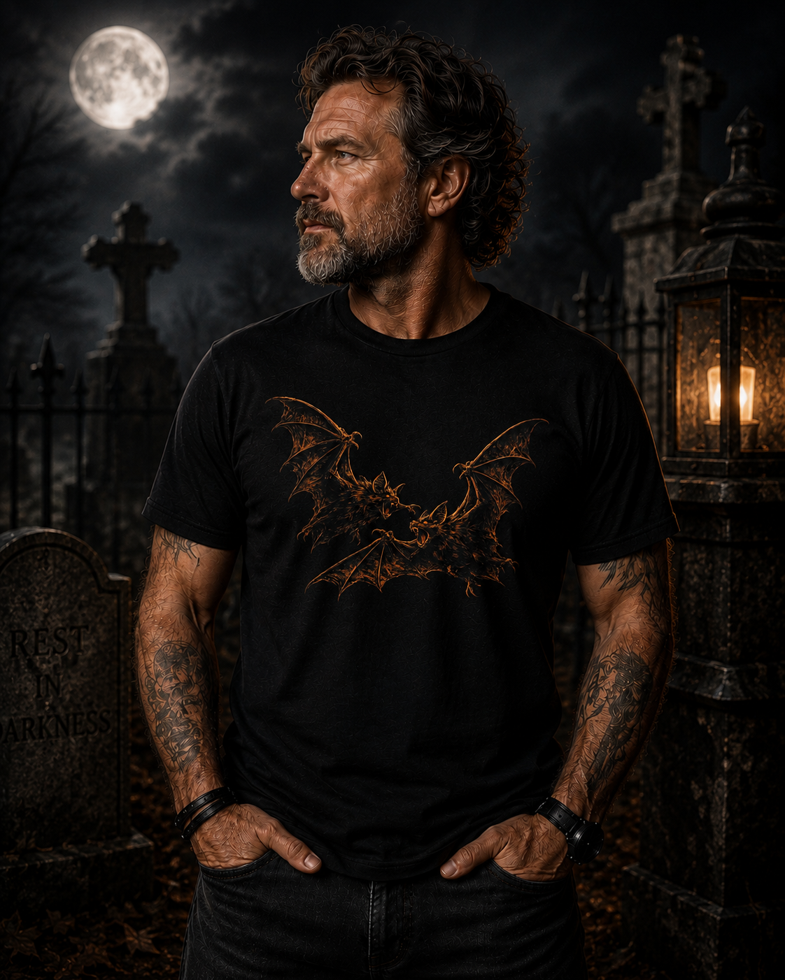 Bat duo Graphic Tee — Vintage Gothic Bat Illustration Shirt