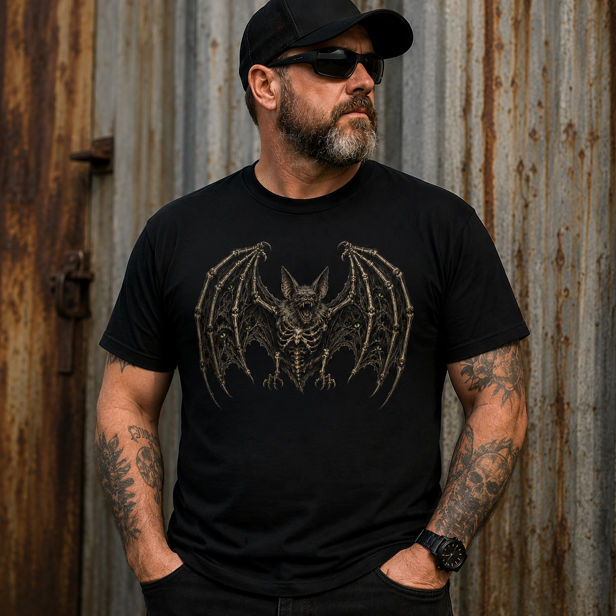 Gothic Skeletal Bat Graphic T-Shirt