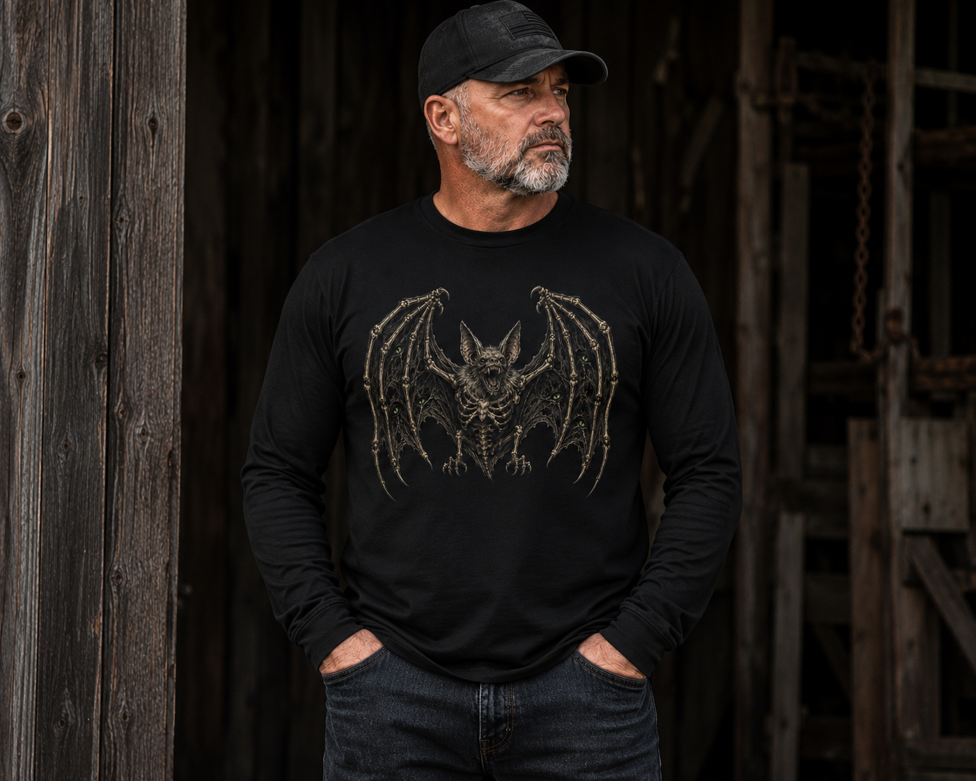 Bat Illustration Long Sleeve Tee — Gothic Bat Graphic Shirt