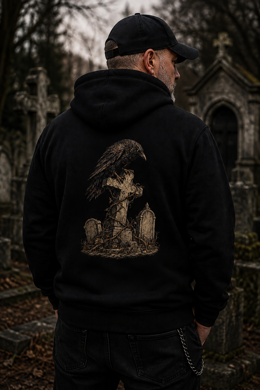 Gothic Graveyard Raven Hoodie — Dark Fantasy Moonlit Ruins Raven On a Cross Graphic Sweatshirt