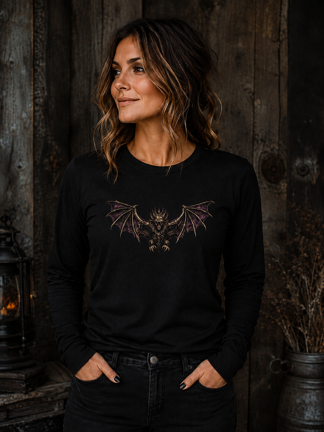 Gothic Bat Demon Long Sleeve Tee — Dark Fantasy Winged Creature Shirt