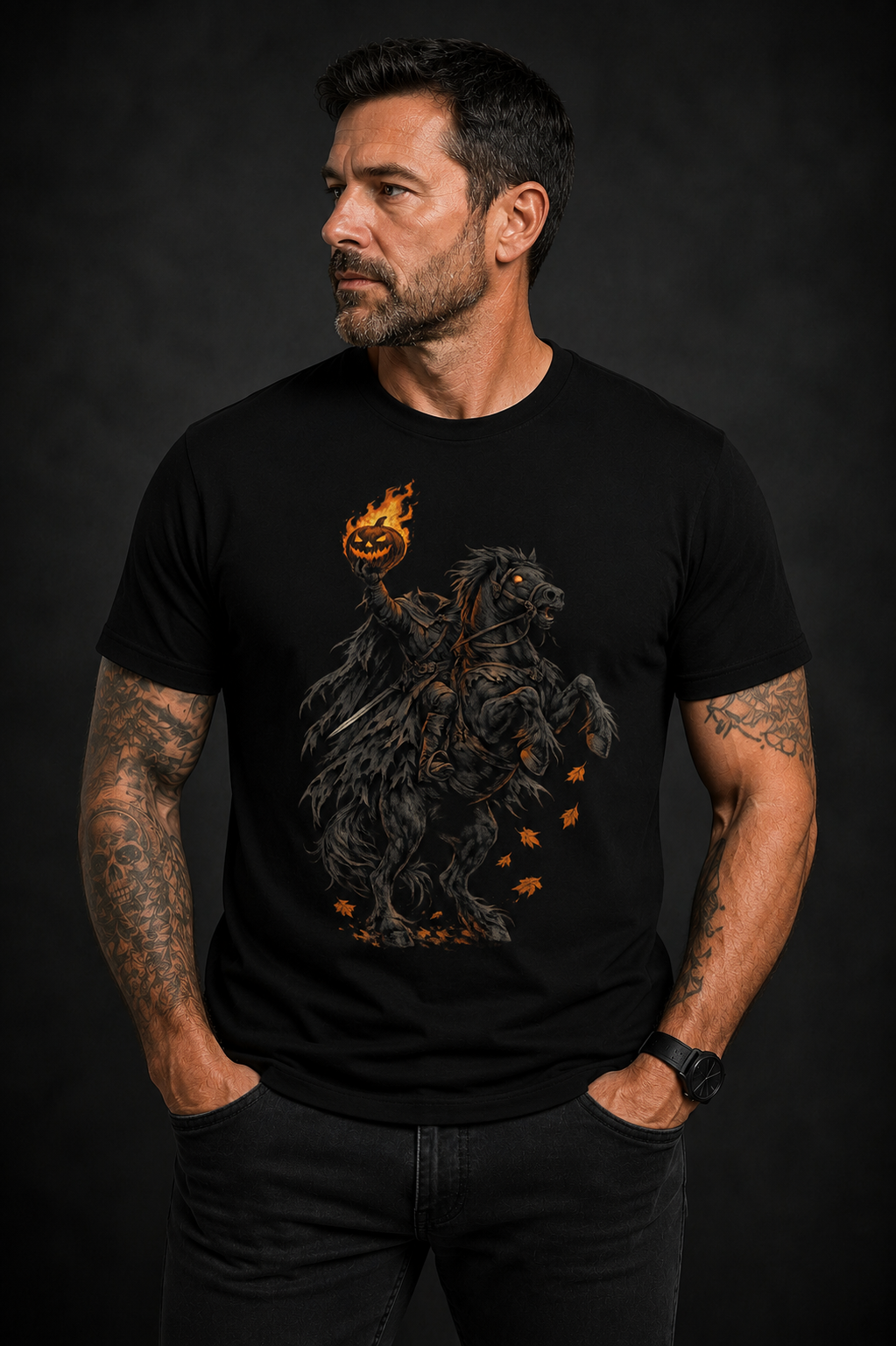 Headless Horseman Halloween T-Shirt — Spooky Pumpkin Rider Tee