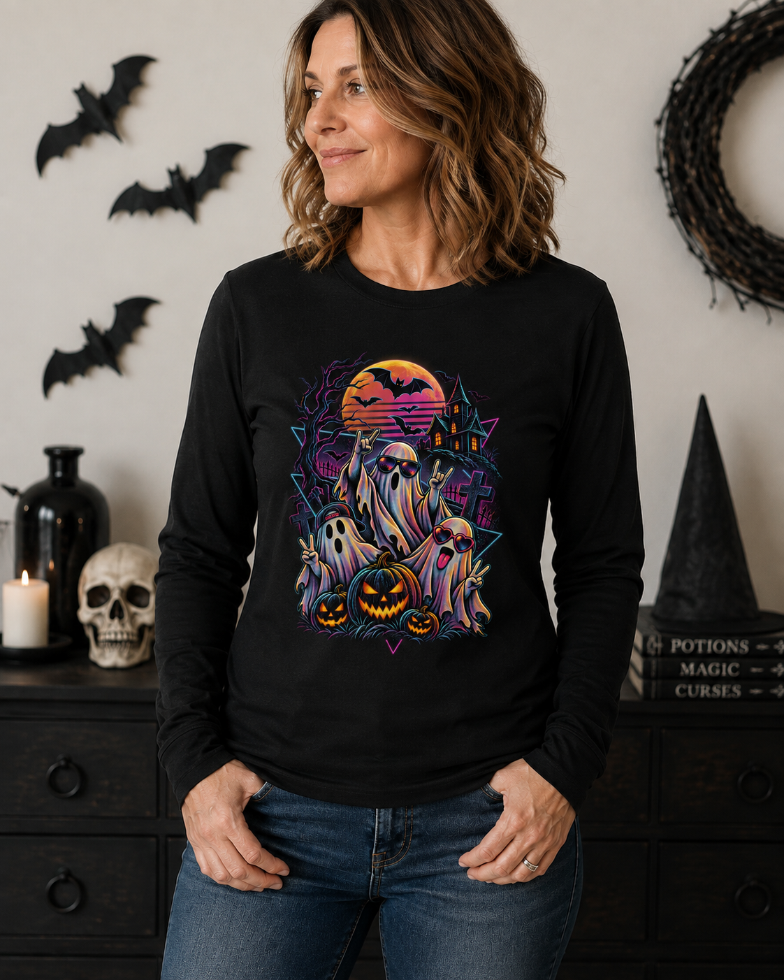 Halloween Ghosts Long Sleeve Tee – Neon Spooky Pumpkin Graveyard Shirt