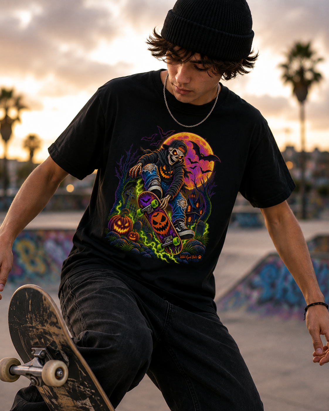 Halloween Skateboard Skeleton T‑Shirt – Jack‑O'Lantern Moon Skate Tee