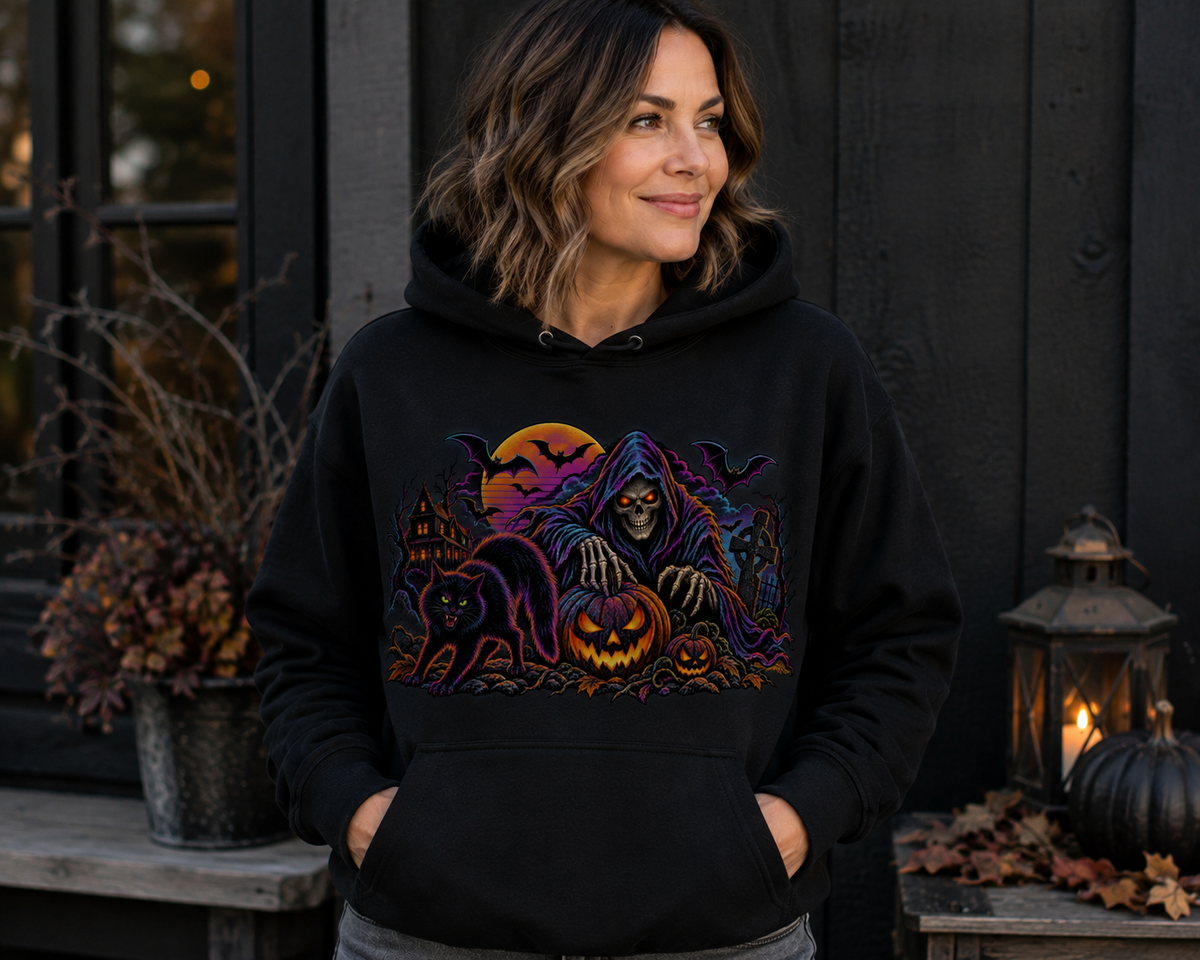 Halloween Horror Hoodie - Neon Jack-O'-Lantern & Ghosts Graphic Sweatshirt