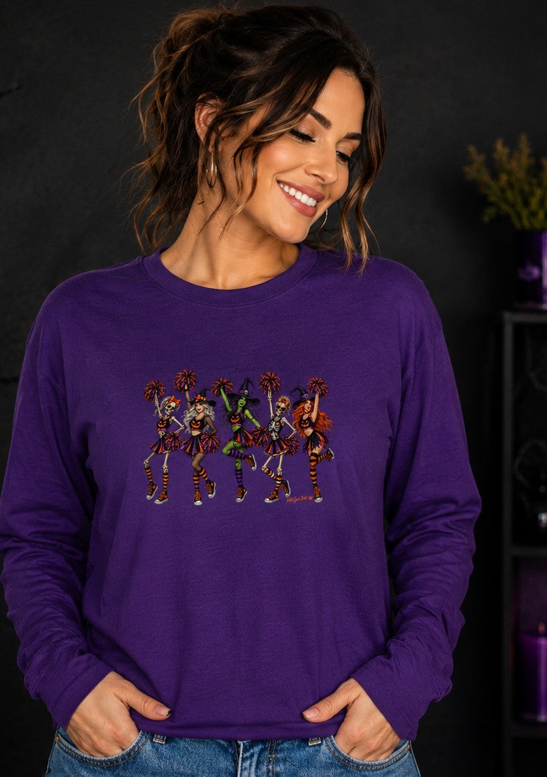Cheerleader Skeletons and Witches Halloween Long Sleeve Tee