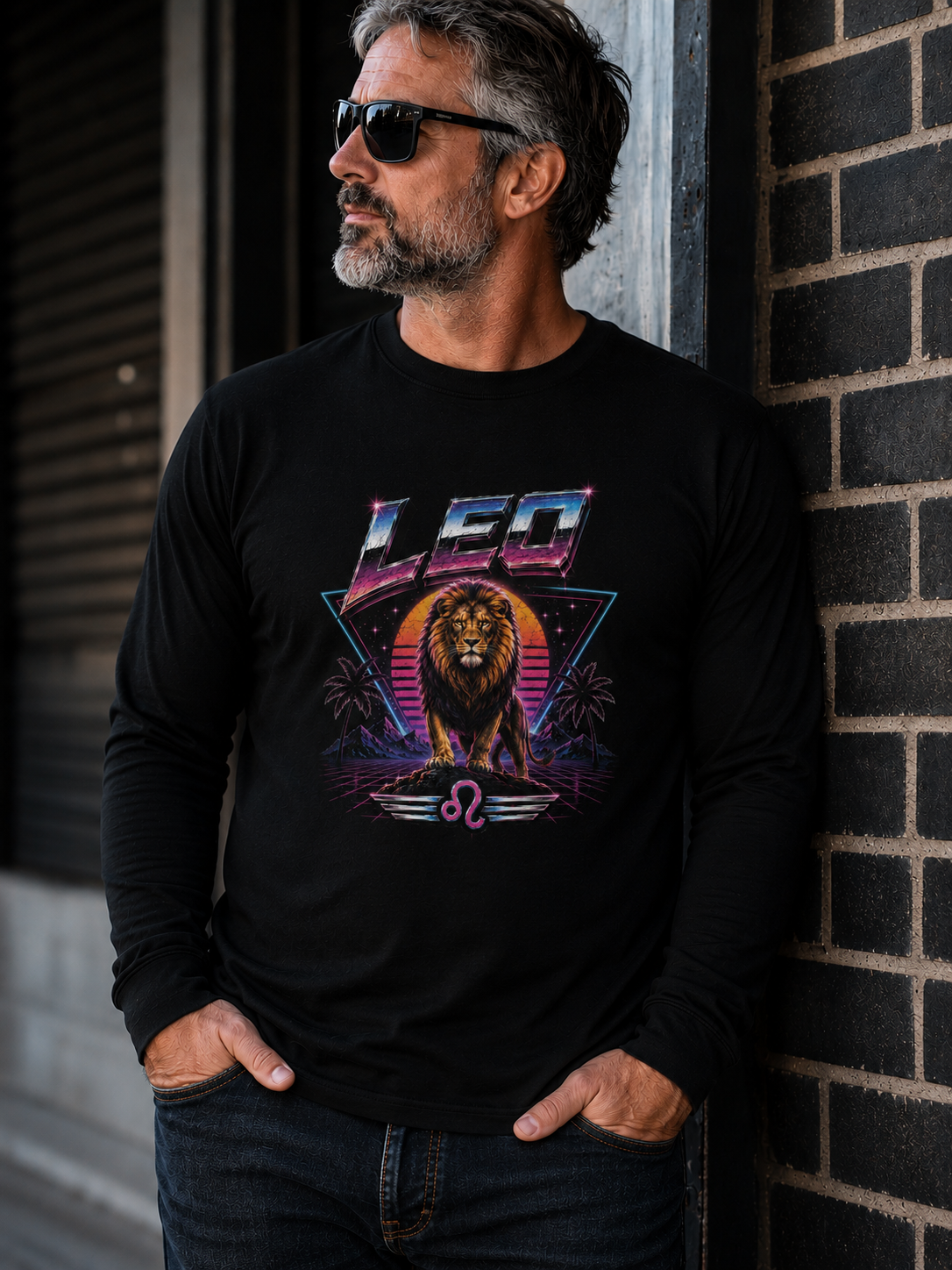 Leo Zodiac Lion Long Sleeve Tee — Retro Sunset Astrology Shirt