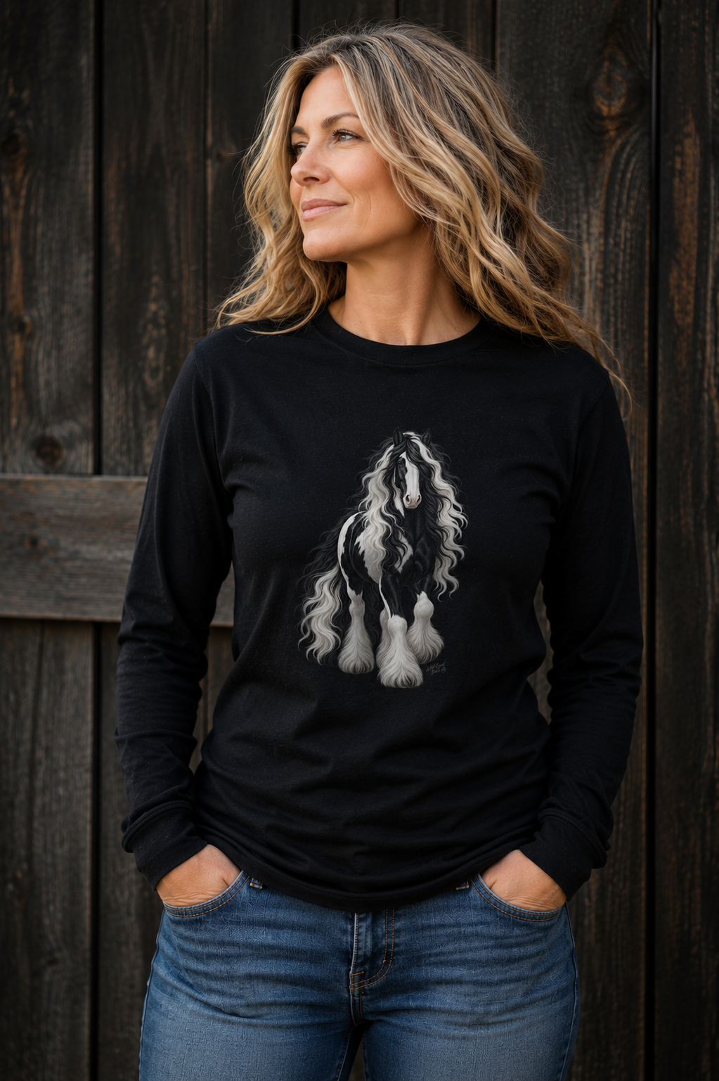 Gypsy Vanner Horse Long Sleeve Tee — Black & White Fluffy Horse Art
