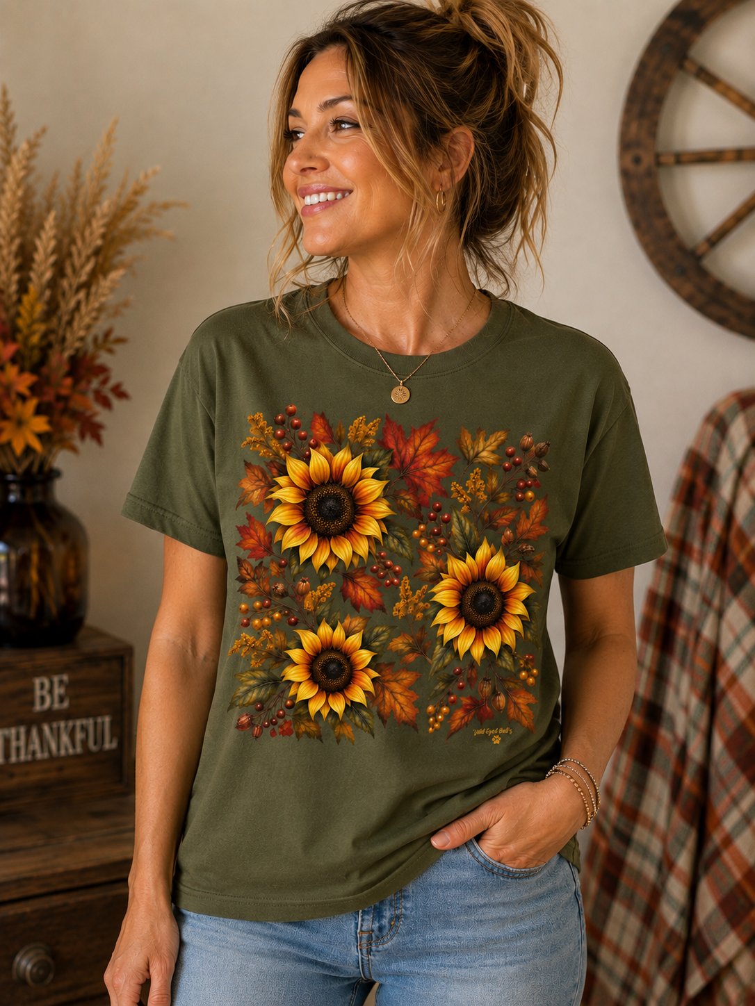 Sunflower & Autumn Leaves T-Shirt — Fall Floral Tee