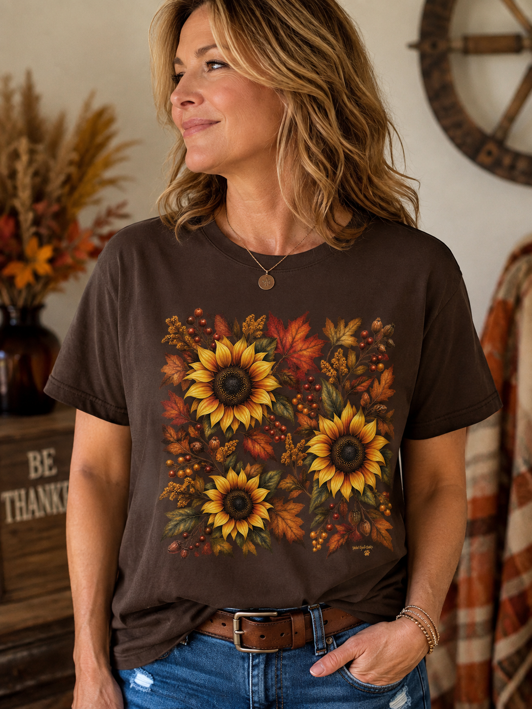 Sunflower & Autumn Leaves Tee — Fall Floral Graphic T-Shirt