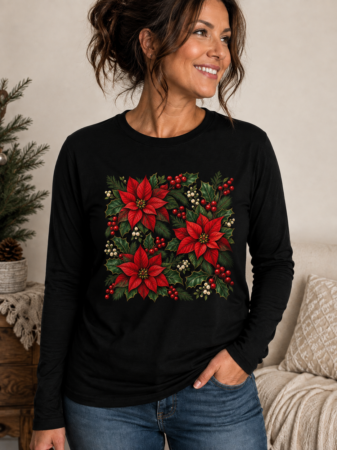 Poinsettia Holiday Long Sleeve Tee — Christmas Floral Sweater Alternative