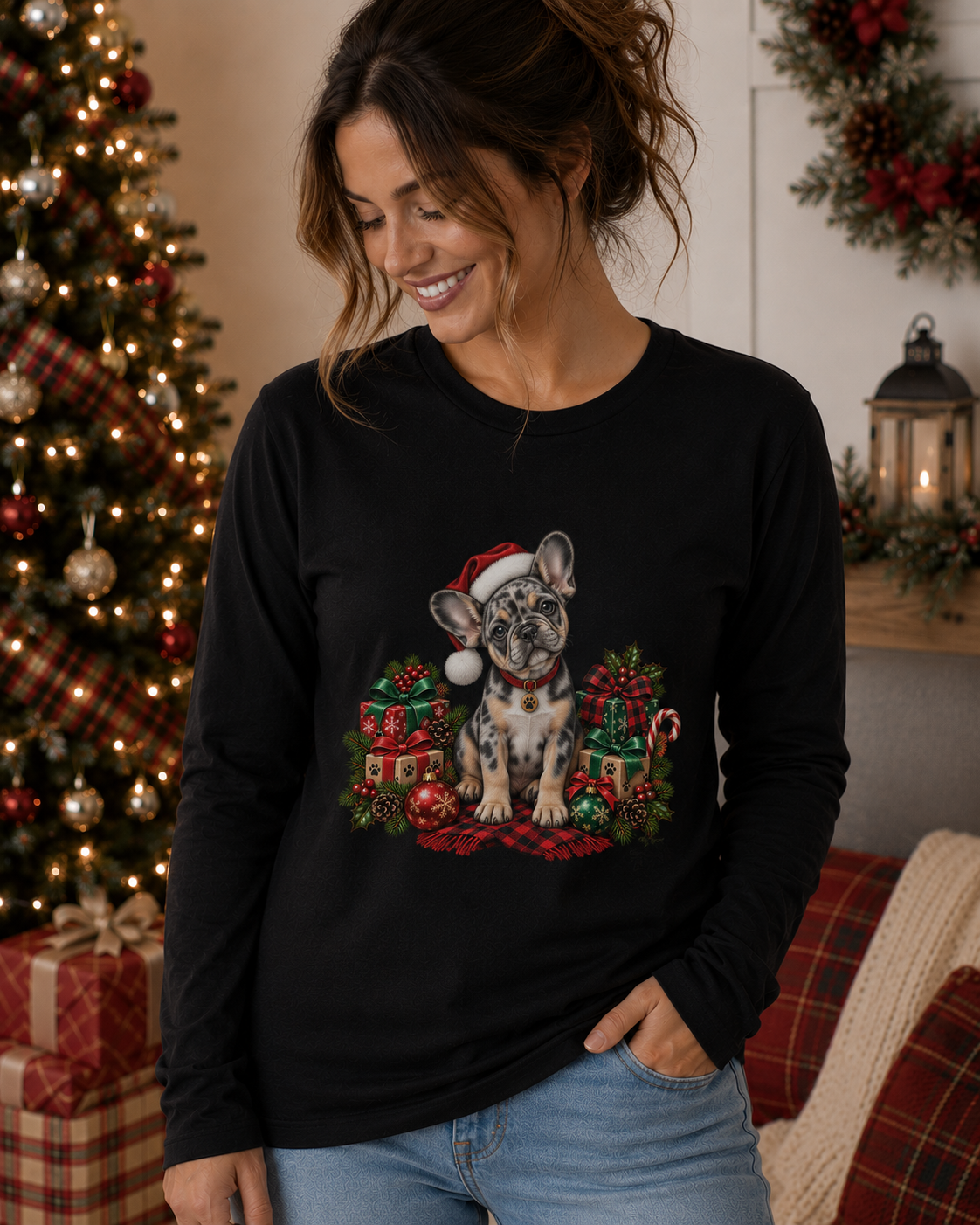 Christmas French Bulldog Long Sleeve Tee — Santa Puppy Holiday Shirt