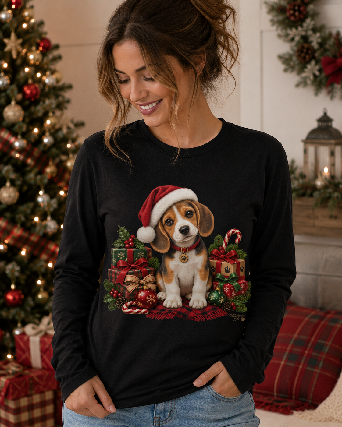 Christmas Puppy Long Sleeve Tee — Cute Beagle in Santa Hat Holiday Shirt