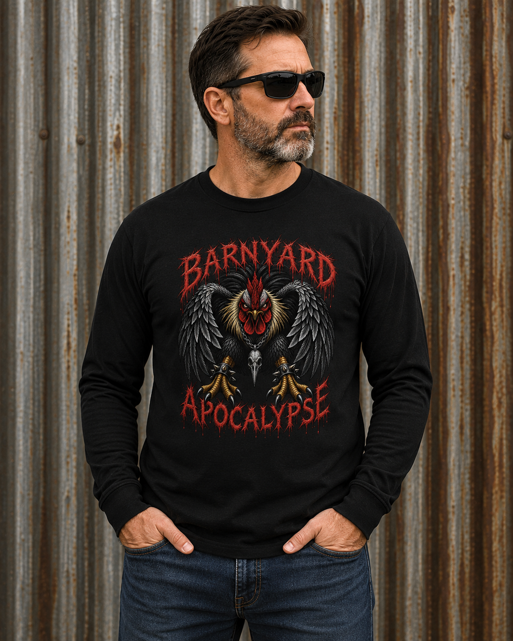Barnyard Apocalypse Long Sleeve Tee — Rooster Graphic Shirt
