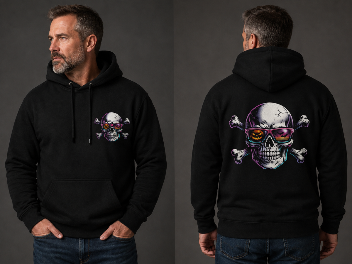 Skull & Crossbones Hoodie — Neon Sunglasses Pirate Skull Pullover