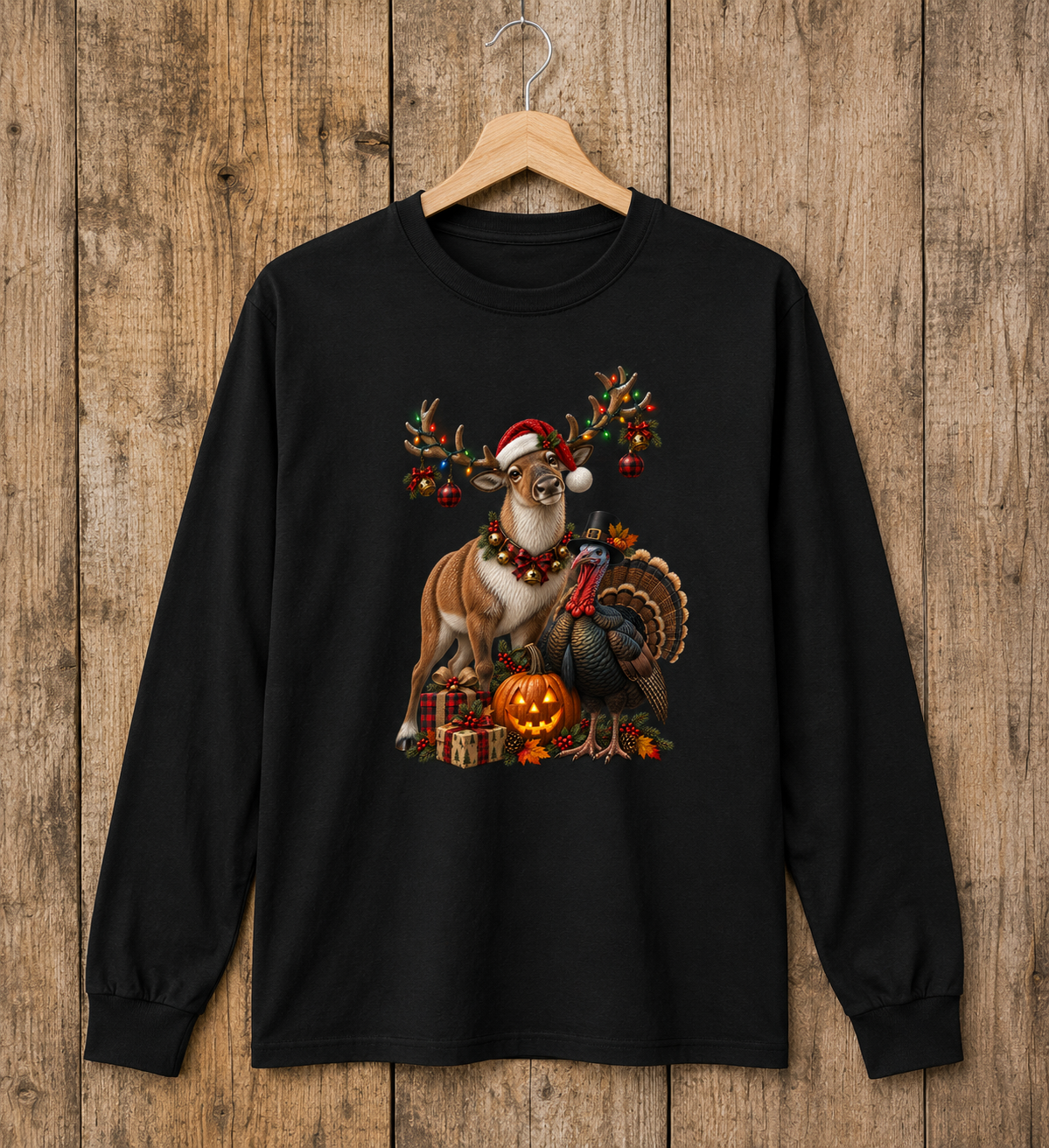 Holiday Reindeer & Turkey Long Sleeve Tee — Festive Halloween to Christmas Mashup