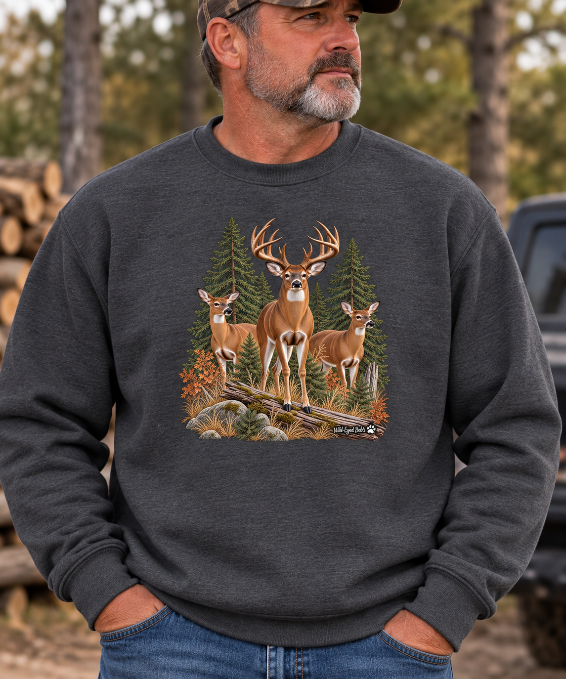 Deer Family Forest Crewneck Sweatshirt — Buck and Does Nature Graphic