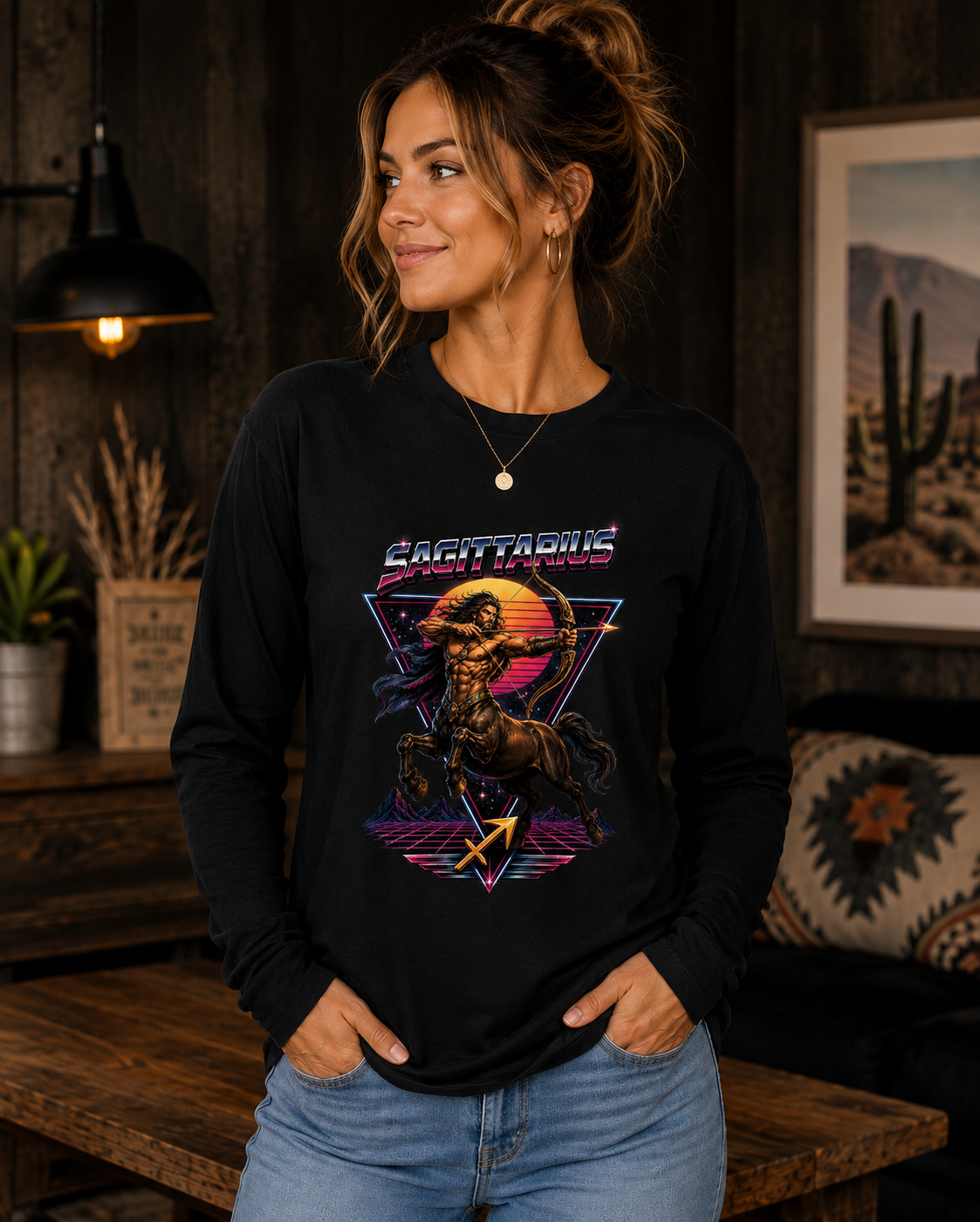 Retro Synthwave Centaur Long Sleeve Zodiac Tee