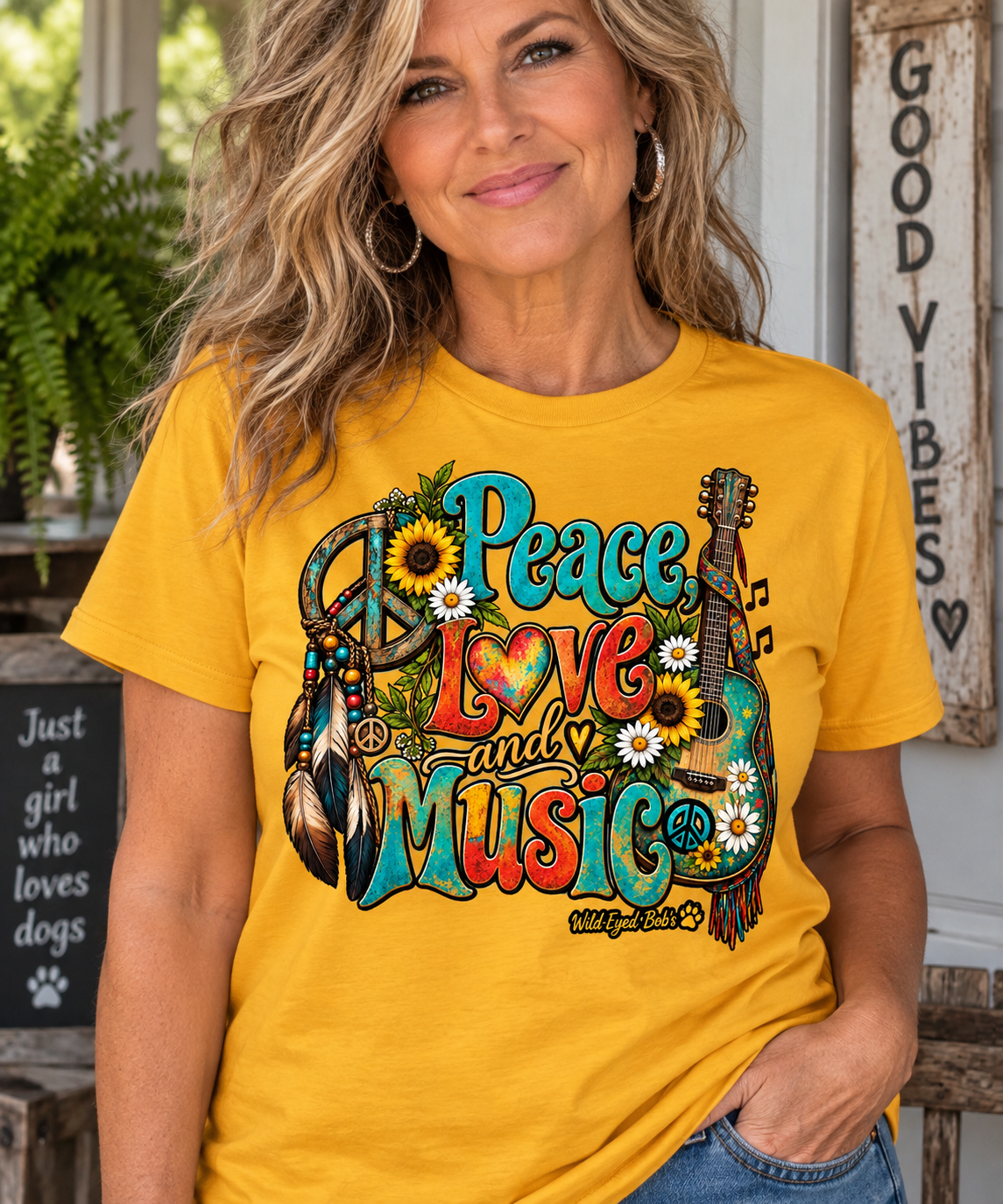 Peace Love Music T-Shirt — Retro Hippie Sunflower Graphic Tee