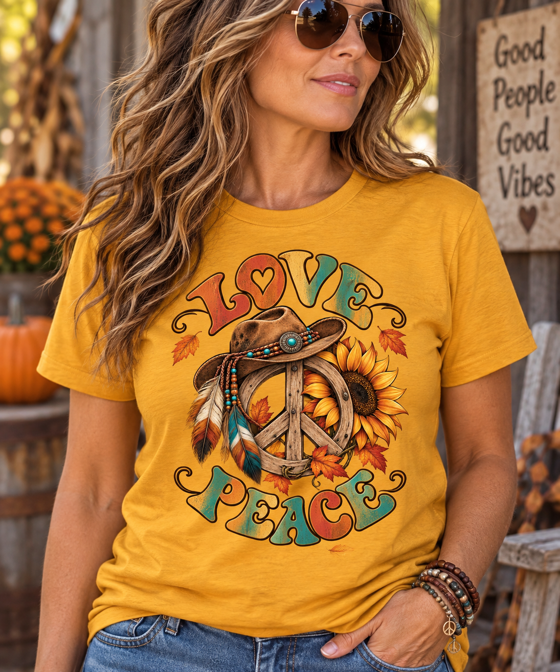 Love & Peace Retro Sunflower Boho Graphic Tee