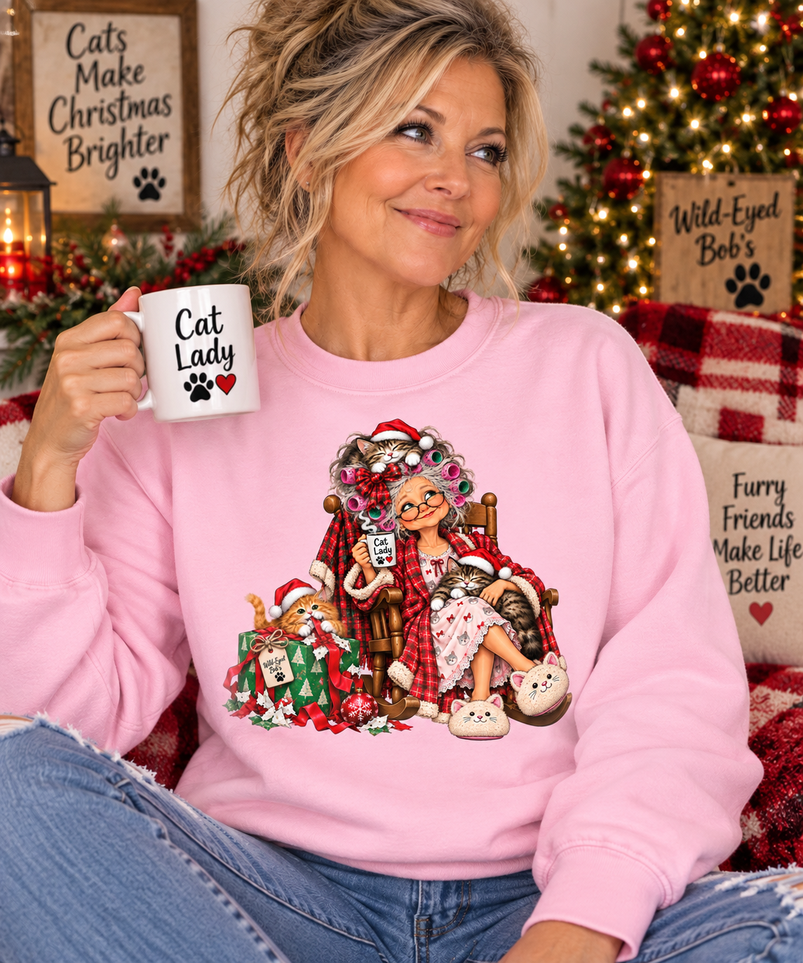 Christmas Cat Lady - Cozy Holiday Cats & Coffee Sweatshirt