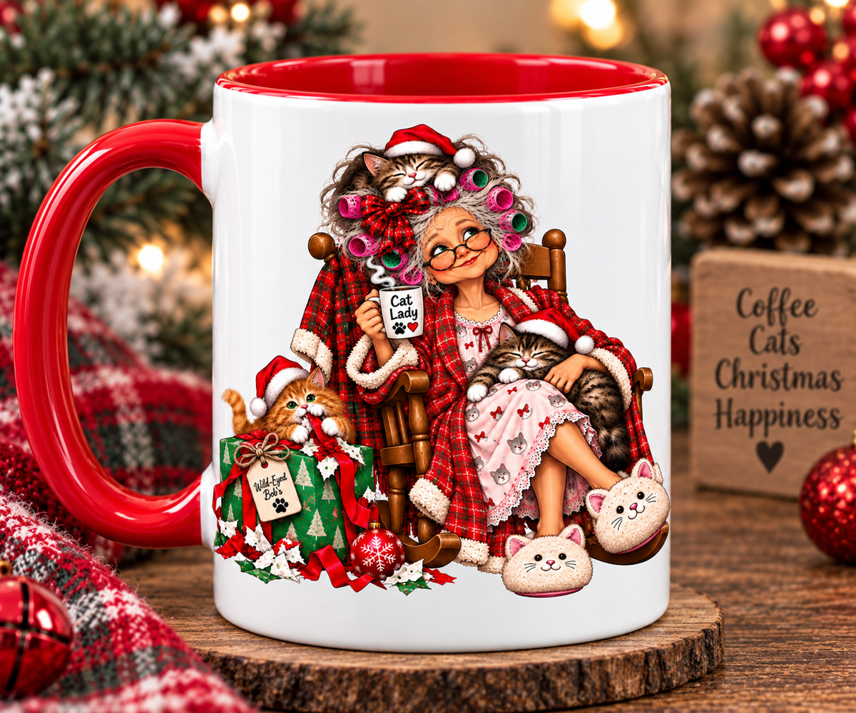 Christmas Cat Lady Mug - Funny Holliday Coffee Mug For Cat Lovers- Accent 11/15oz